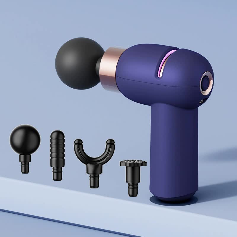 Purple portable mini massage gun with compact ergonomic design for deep tissue muscle relaxation and recovery