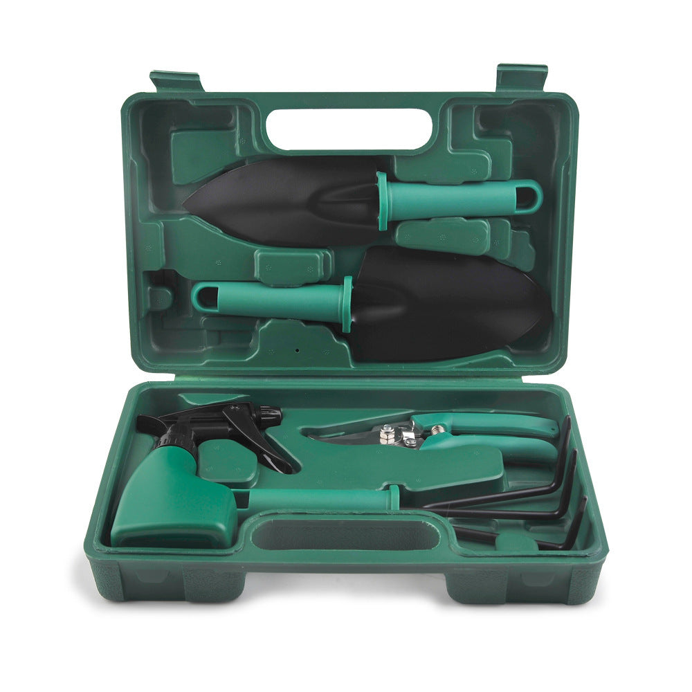 Green 5-piece compact gardening tool set in a durable carrying case with stainless steel trowels