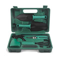 Green 5-piece compact gardening tool set in a durable carrying case with stainless steel trowels
