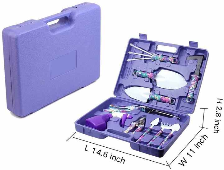 Green 5-piece compact gardening tool set in a durable carrying case with stainless steel trowels — view 4