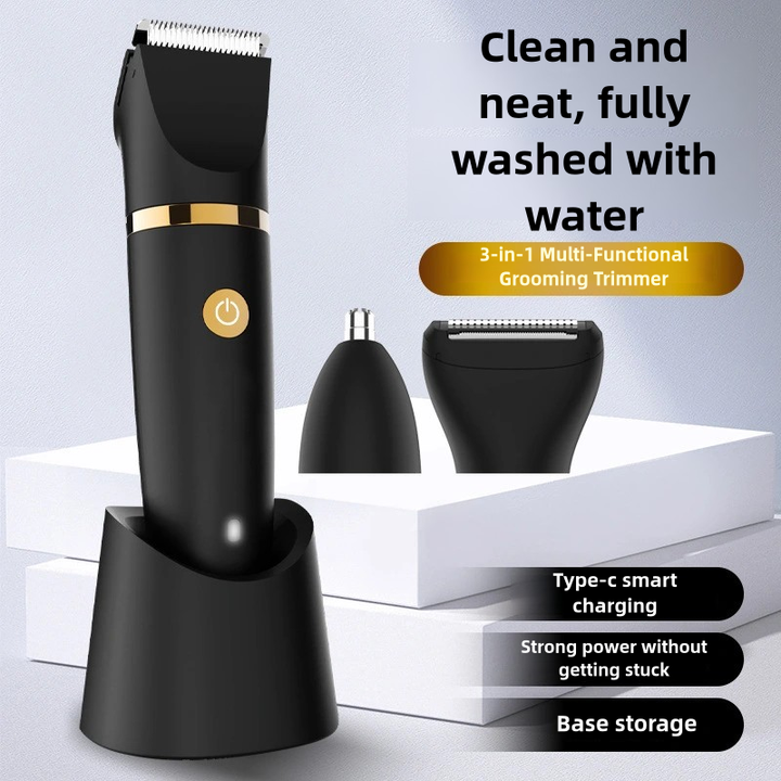 Men's 3-in-1 electric hair trimmer set in black and gold with interchangeable shaving attachments.