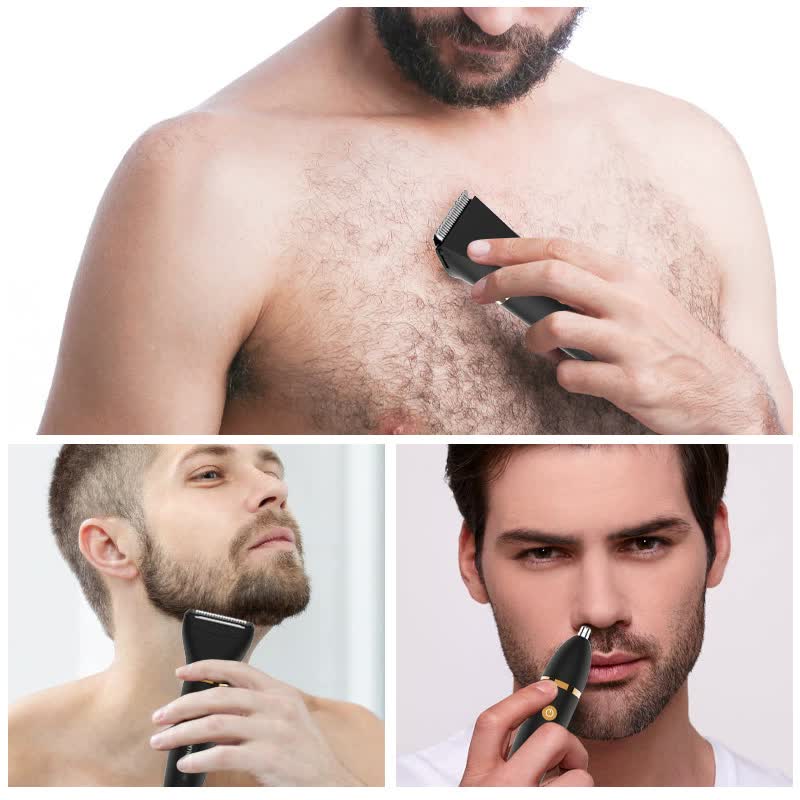 Men's 3-in-1 electric hair trimmer set in black and gold with interchangeable shaving attachments. — view 2