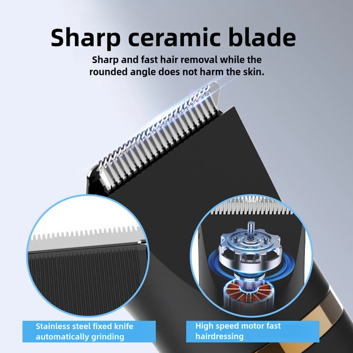 Men's 3-in-1 electric hair trimmer set in black and gold with interchangeable shaving attachments. — view 3