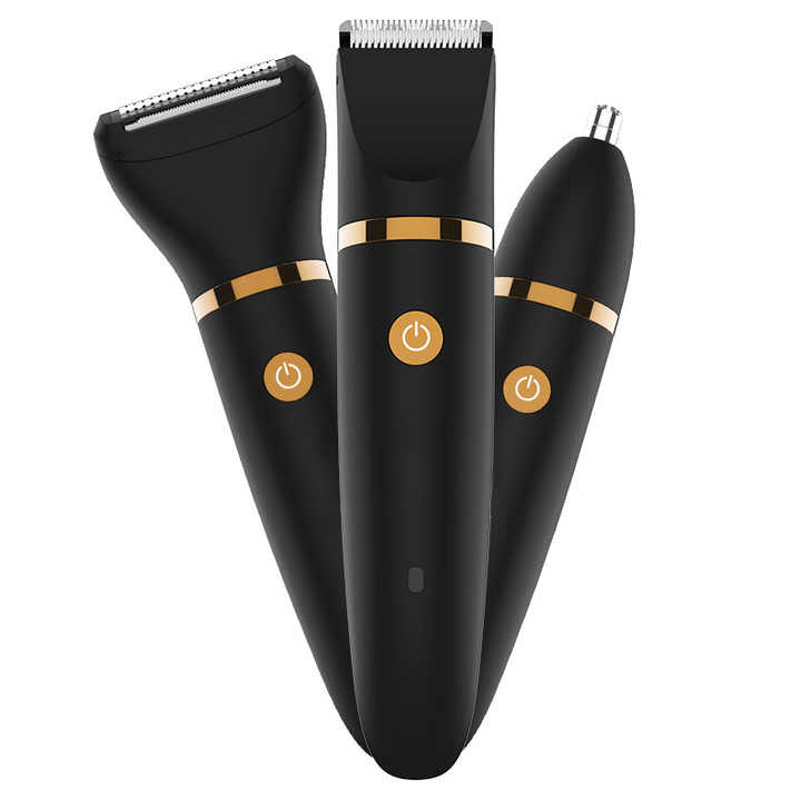 Men's 3-in-1 electric hair trimmer set in black and gold with interchangeable shaving attachments. — view 5