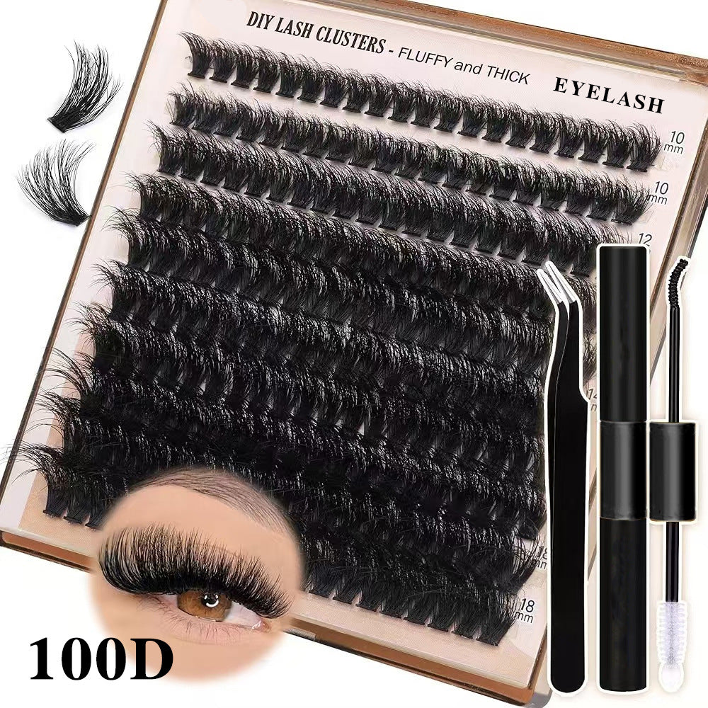 DIY lash extension cluster kit with synthetic false eyelashes, adhesive, tweezers, and a brush.