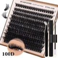 DIY lash extension cluster kit with synthetic false eyelashes, adhesive, tweezers, and a brush.