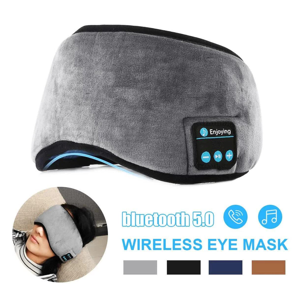 Grey wireless Bluetooth sleep mask with plush fabric cover and built in audio speakers — view 3