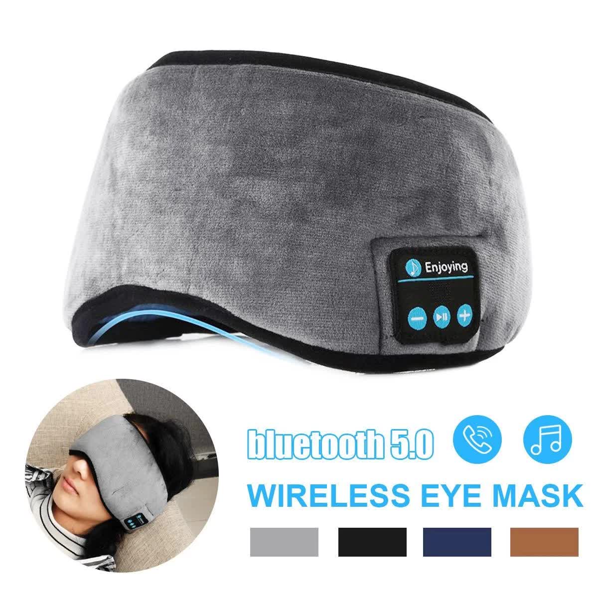 Grey wireless Bluetooth sleep mask with plush fabric cover and built in audio speakers — view 3