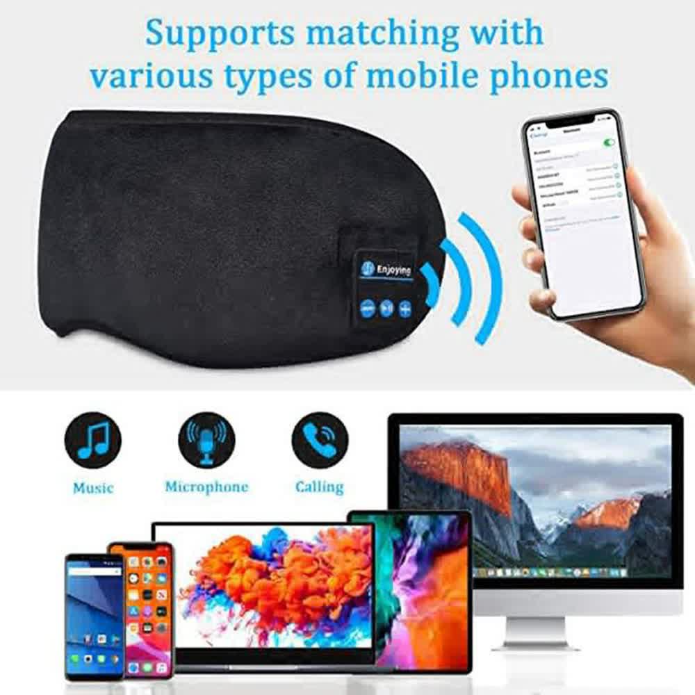 Grey wireless Bluetooth sleep mask with plush fabric cover and built in audio speakers — view 4