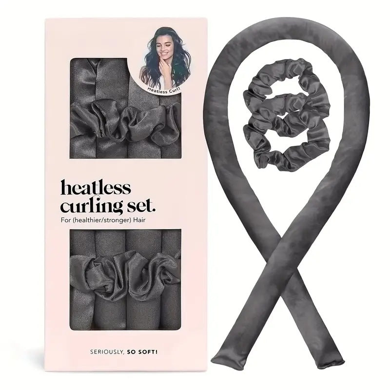 Satin heatless hair curling rod set in black tie-dye with two matching scrunchies