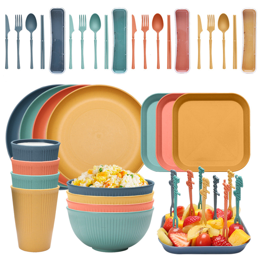 Multicolor 16-piece eco-friendly wheat straw dinnerware set with plates, bowls, cups, and utensils