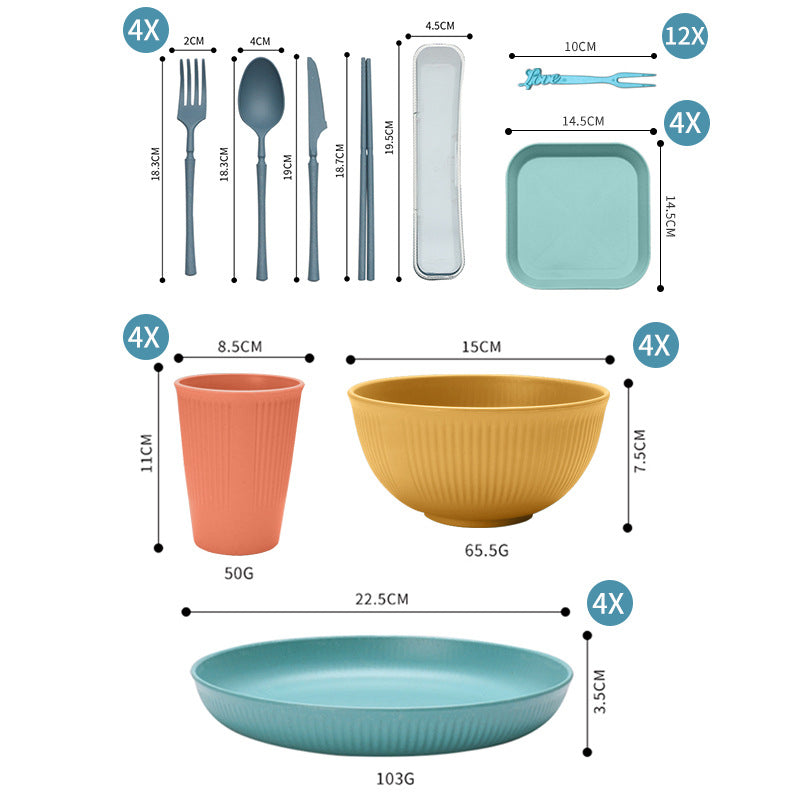 Multicolor 16-piece eco-friendly wheat straw dinnerware set with plates, bowls, cups, and utensils — view 2