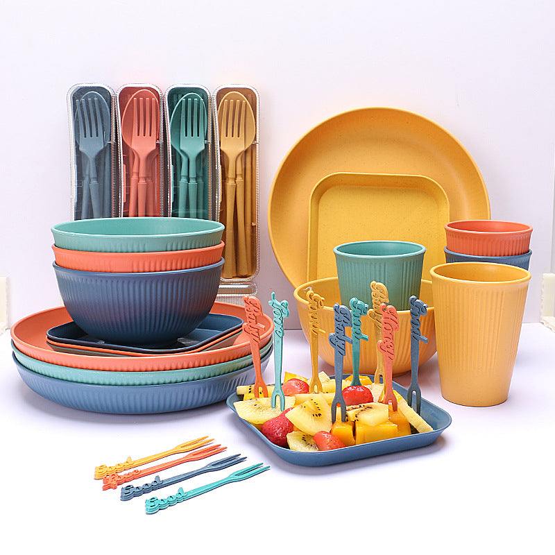 Multicolor 16-piece eco-friendly wheat straw dinnerware set with plates, bowls, cups, and utensils — view 5