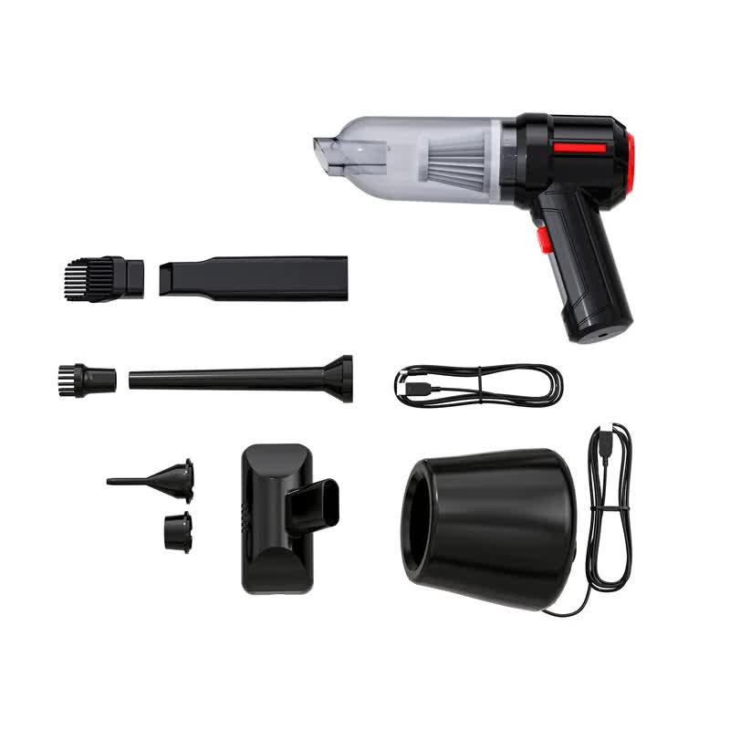 Black compact 3-in-1 portable car vacuum cleaner with floor brush and usb charging attachments