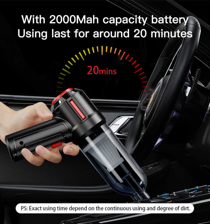 Black compact 3-in-1 portable car vacuum cleaner with floor brush and usb charging attachments — view 3