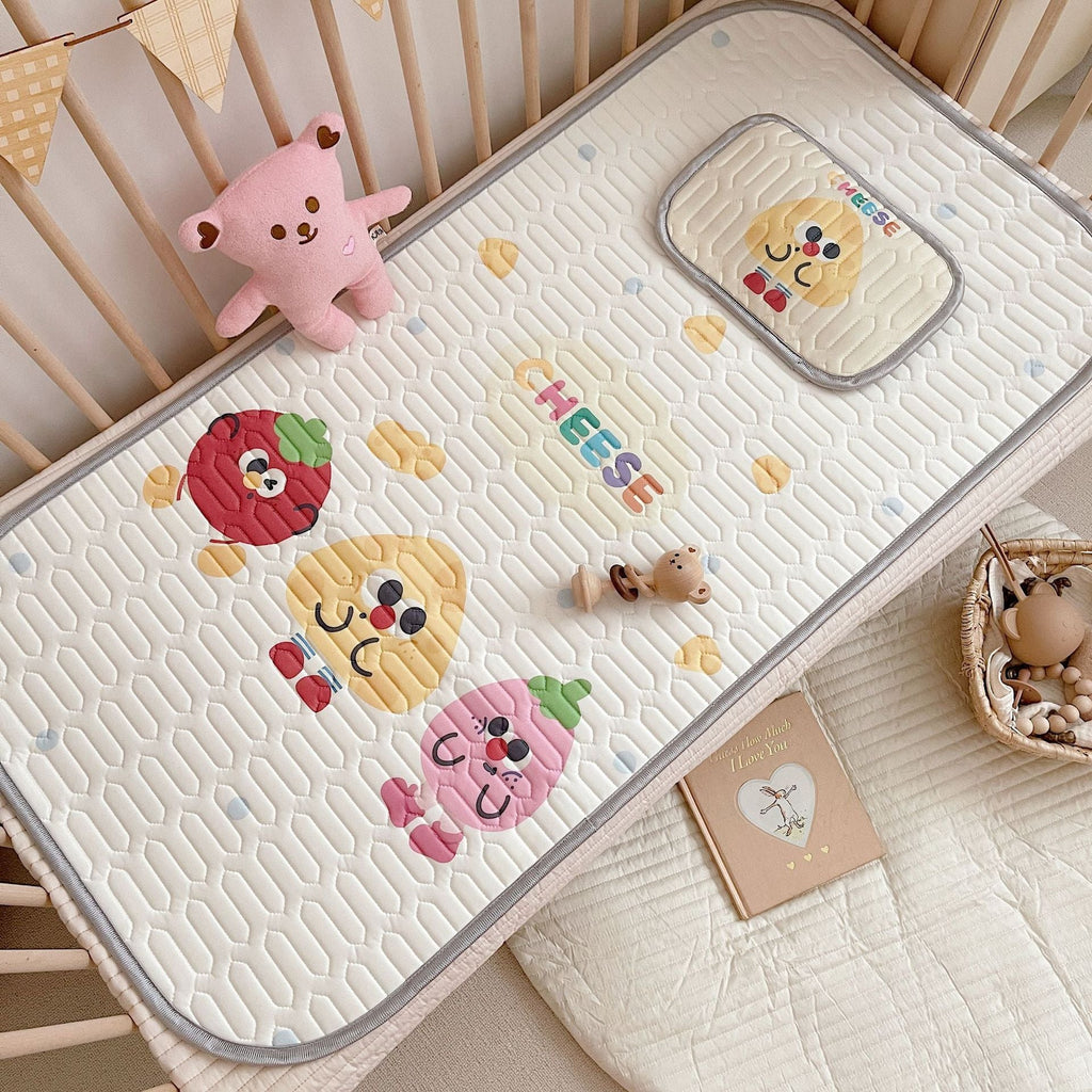 Kids cooling mat set with yellow cheese pattern latex mattress protector and matching buckwheat toddler pillow
