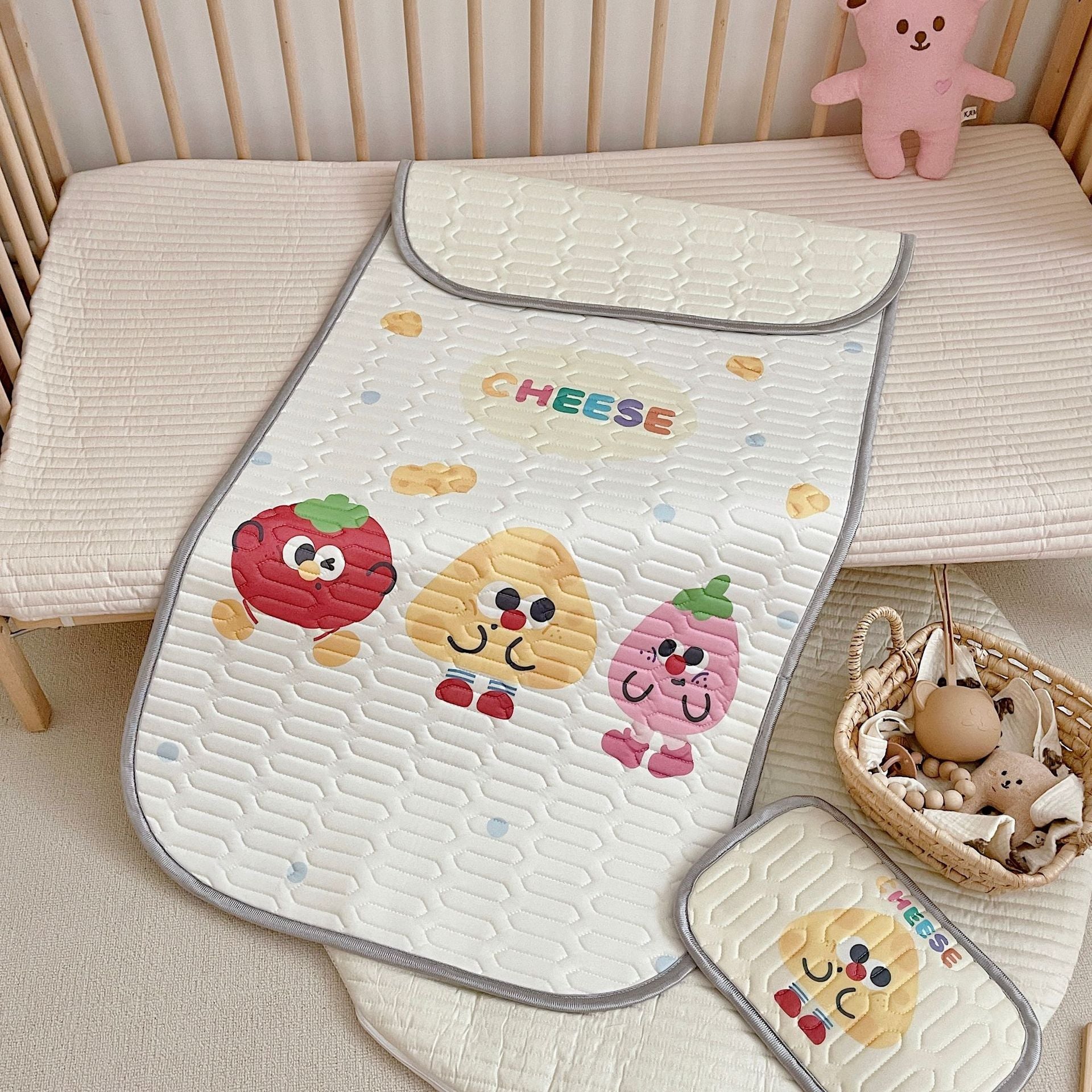 Kids cooling mat set with yellow cheese pattern latex mattress protector and matching buckwheat toddler pillow — view 2