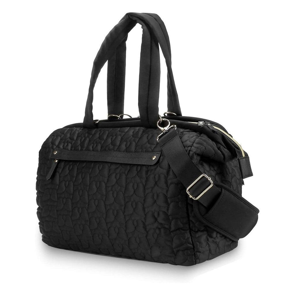 Black quilted large capacity baby diaper bag with padded handles and adjustable shoulder strap