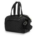 Black quilted large capacity baby diaper bag with padded handles and adjustable shoulder strap