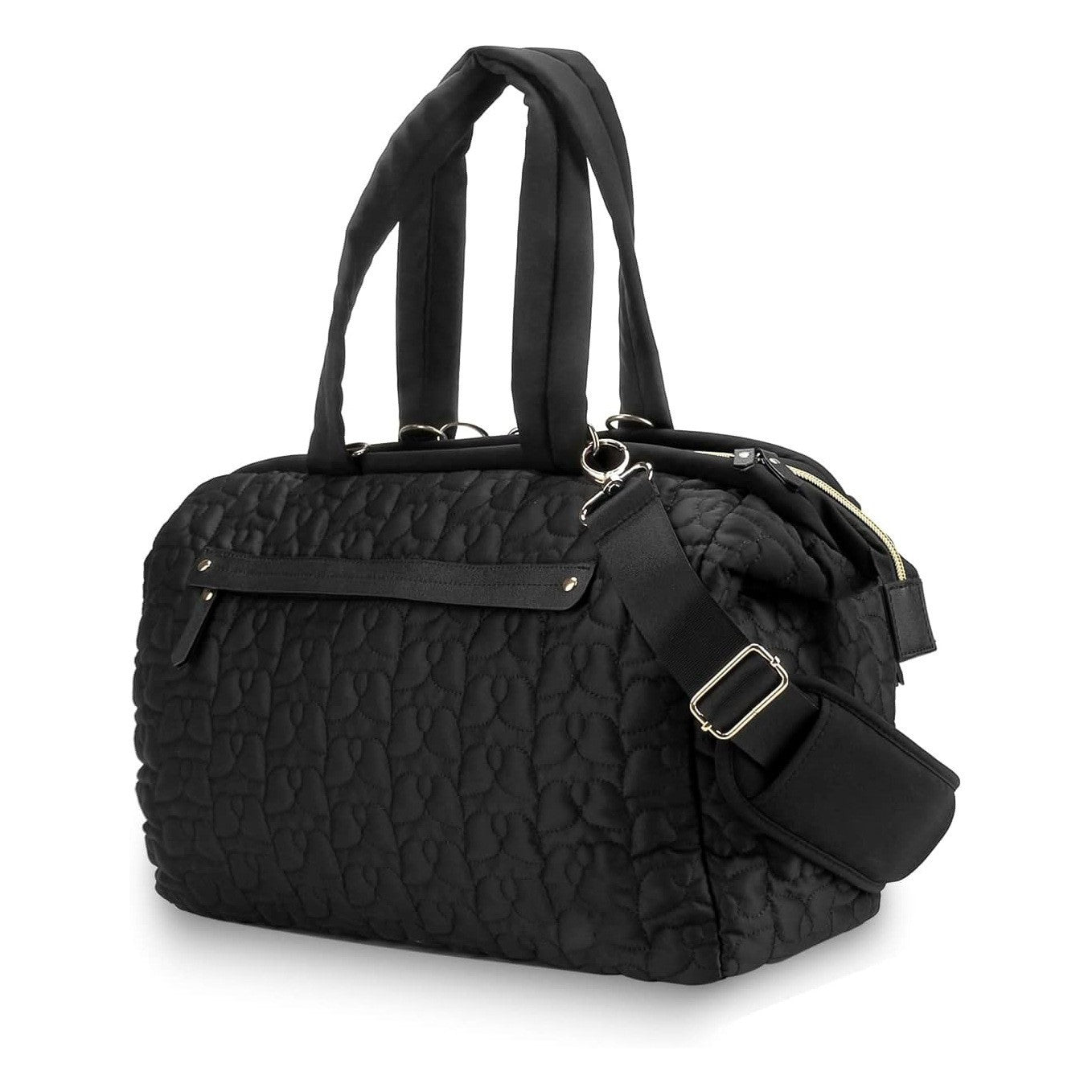 Black quilted large capacity baby diaper bag with padded handles and adjustable shoulder strap