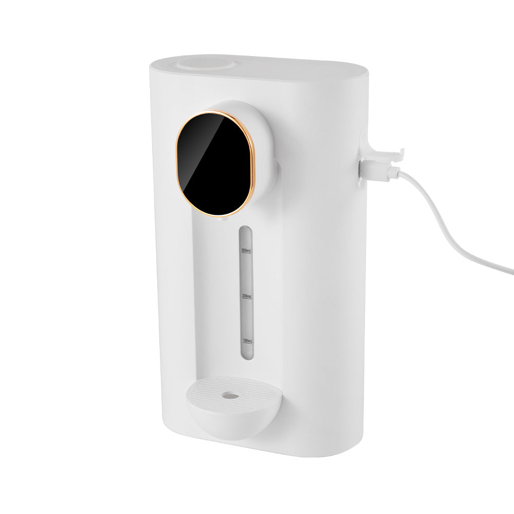 White smart automatic mouthwash dispenser with magnetic cups attached, mounted on a bathroom wall.