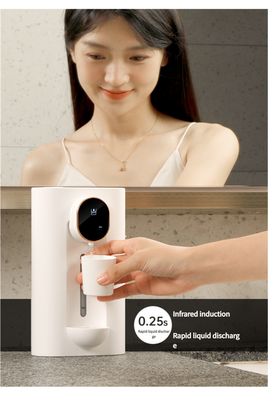 White smart automatic mouthwash dispenser with magnetic cups attached, mounted on a bathroom wall. — view 4