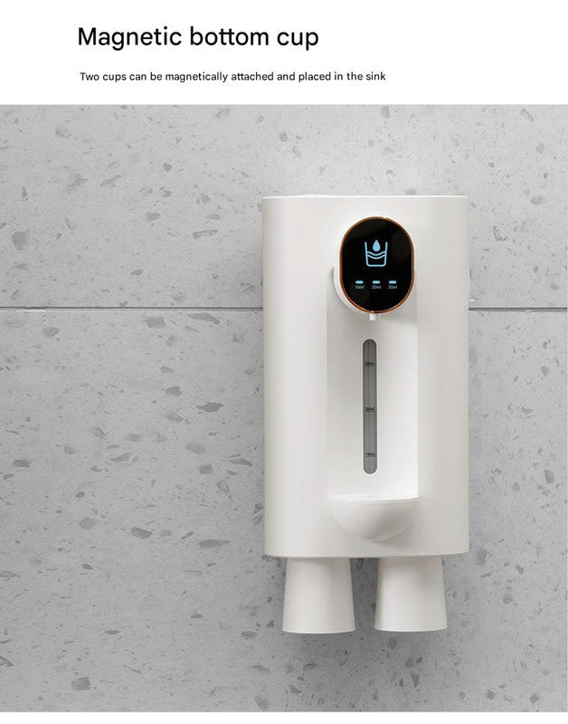 White smart automatic mouthwash dispenser with magnetic cups attached, mounted on a bathroom wall. — view 5