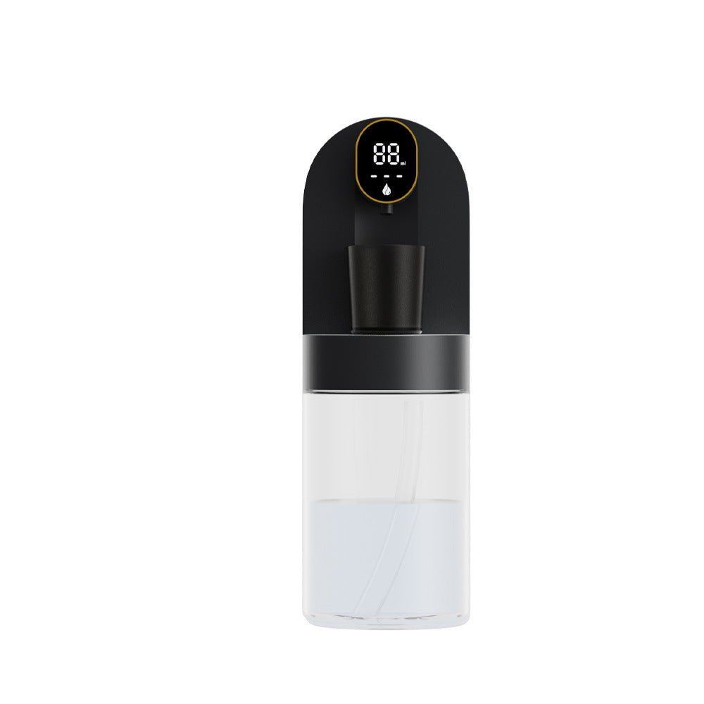 Black wall-mounted automatic mouthwash dispenser with LED display and magnetic cups for modern bathrooms.