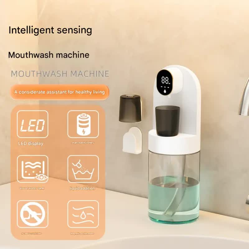 Black wall-mounted automatic mouthwash dispenser with LED display and magnetic cups for modern bathrooms. — view 2