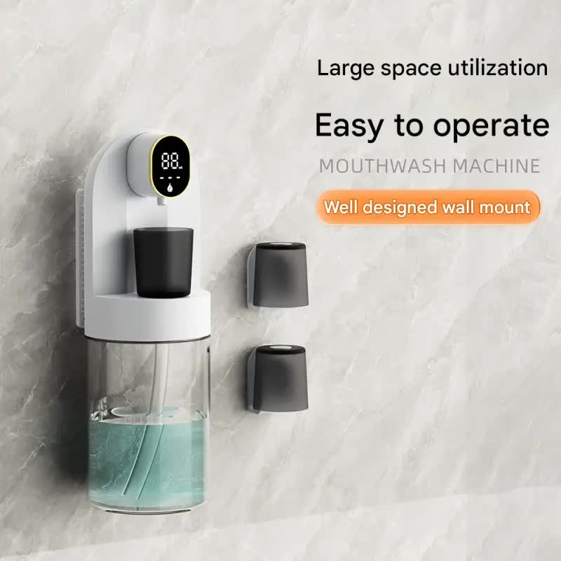 Black wall-mounted automatic mouthwash dispenser with LED display and magnetic cups for modern bathrooms. — view 3