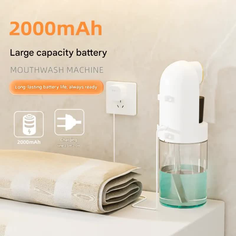 Black wall-mounted automatic mouthwash dispenser with LED display and magnetic cups for modern bathrooms. — view 4