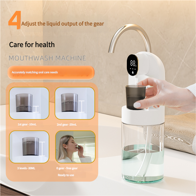 Black wall-mounted automatic mouthwash dispenser with LED display and magnetic cups for modern bathrooms. — view 5