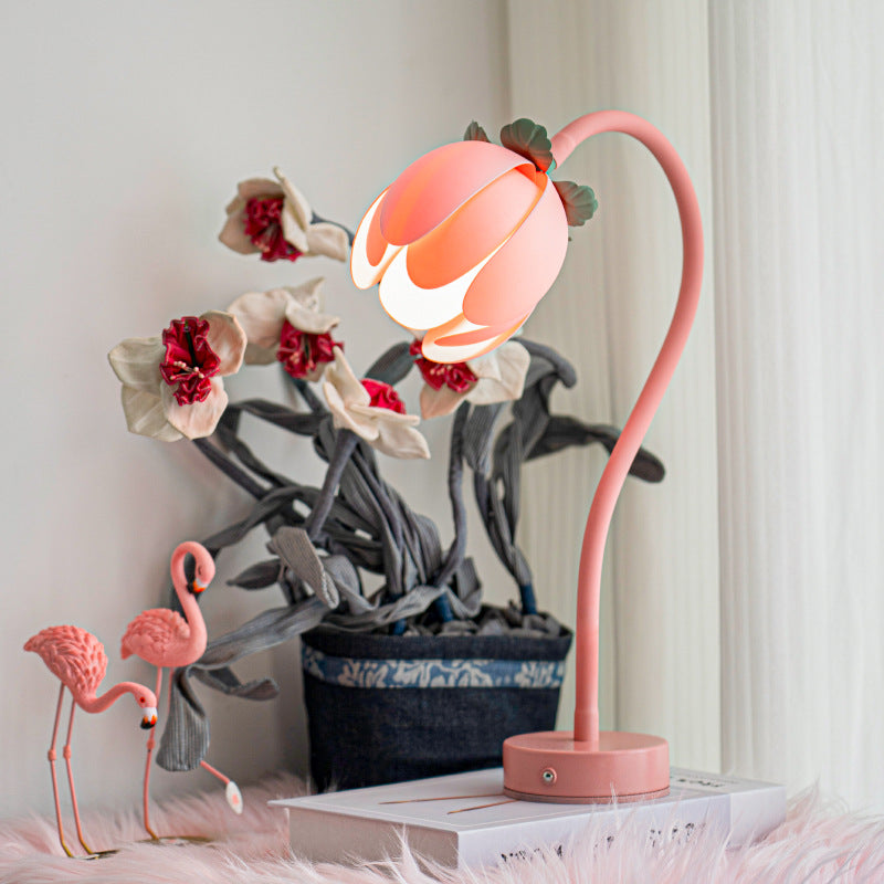 Pink LED tulip desk lamp featuring a flexible gooseneck and sturdy metal base for reading