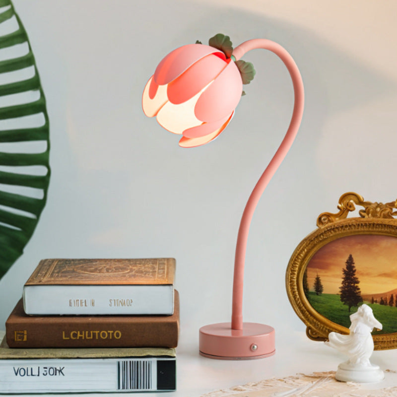 Pink LED tulip desk lamp featuring a flexible gooseneck and sturdy metal base for reading — view 2