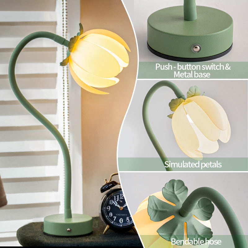 Pink LED tulip desk lamp featuring a flexible gooseneck and sturdy metal base for reading — view 4