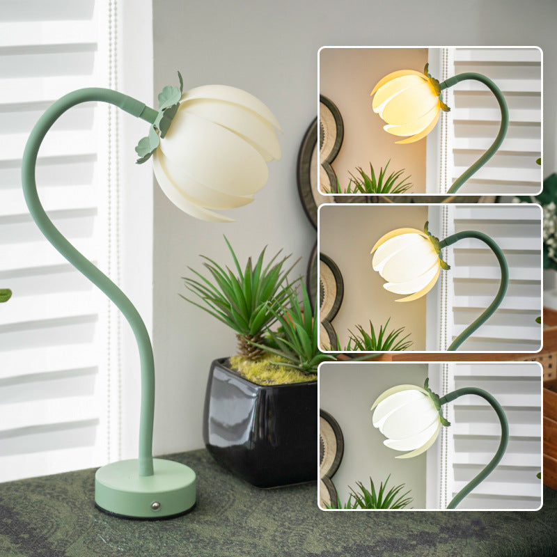 Pink LED tulip desk lamp featuring a flexible gooseneck and sturdy metal base for reading — view 5