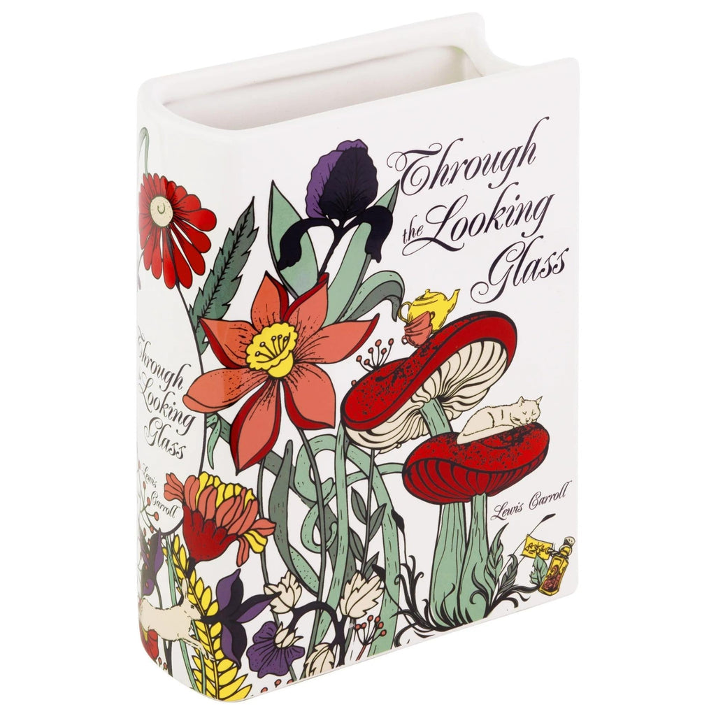 Glazed ceramic book-shaped vase and desk organizer featuring colorful botanical cover illustrations — view 2