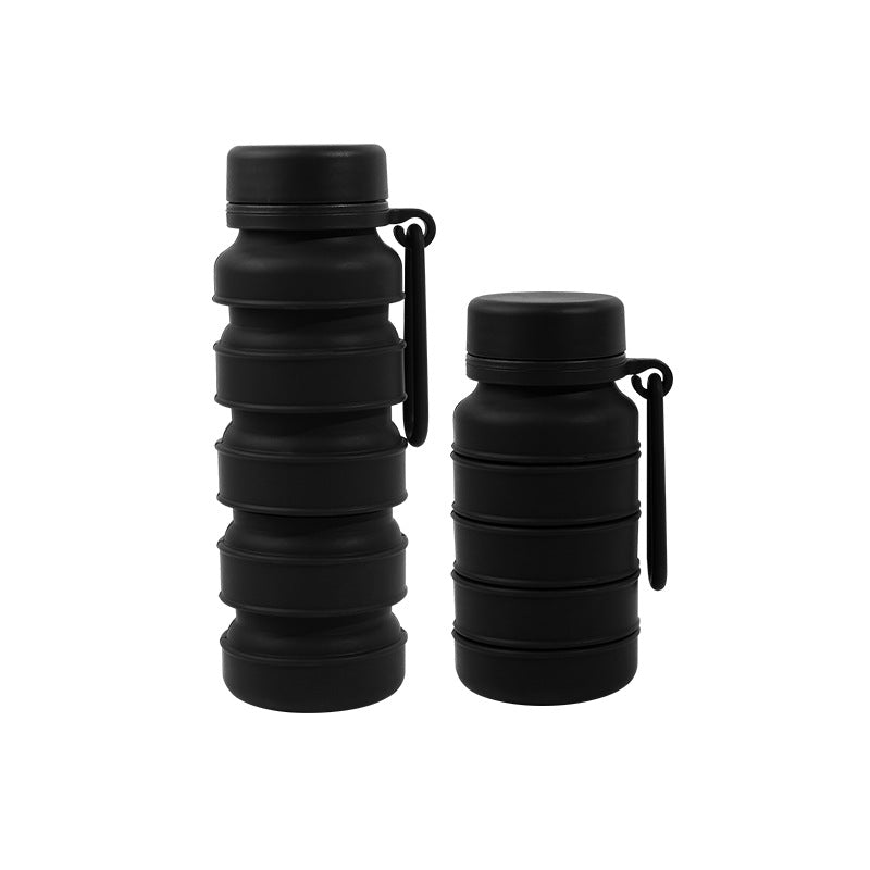 Black collapsible silicone water bottle with leak-proof cap and carrying loop for sports