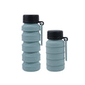 Blue and black collapsible silicone water bottle with a leak-proof lid and carrying loop