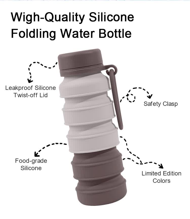 Blue and black collapsible silicone water bottle with a leak-proof lid and carrying loop — view 5