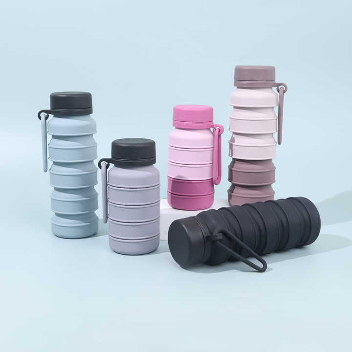 Brown collapsible silicone water bottle with leak-proof lid and convenient carry loop for travel and sports — view 2