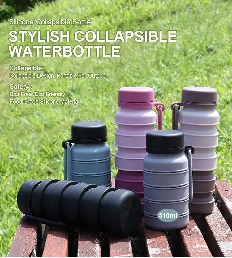 Brown collapsible silicone water bottle with leak-proof lid and convenient carry loop for travel and sports — view 3