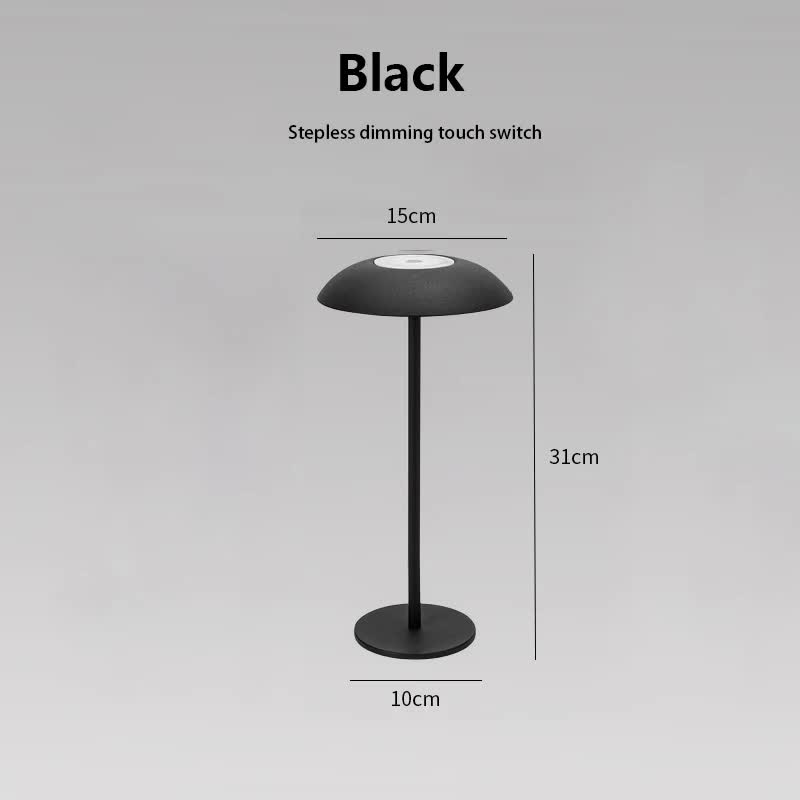 Black minimalist rechargeable LED touch table lamp with mushroom shade and sleek metal stem