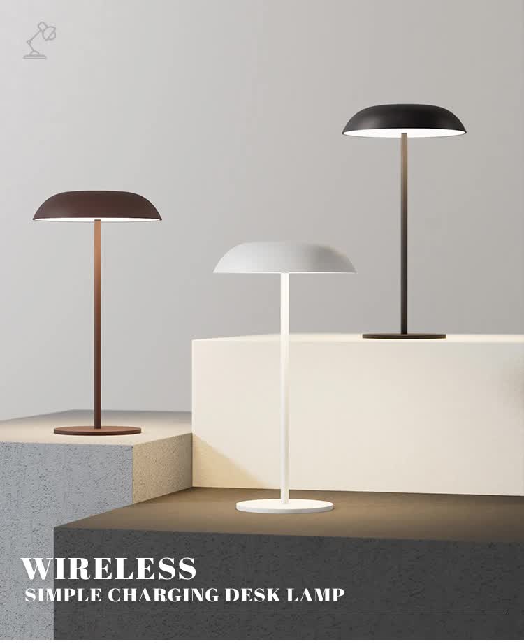 Black minimalist rechargeable LED touch table lamp with mushroom shade and sleek metal stem — view 2