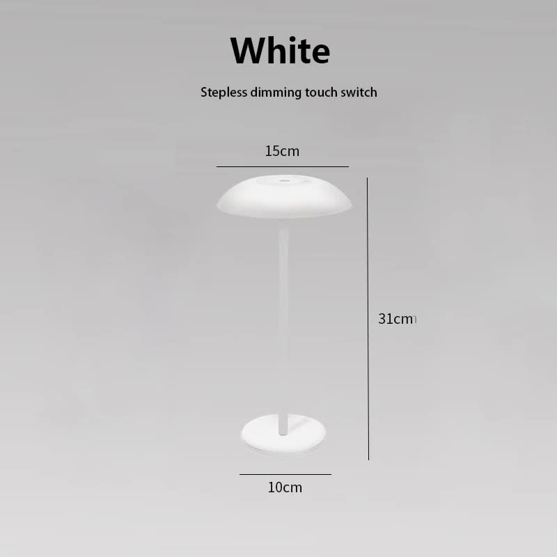 White minimalist rechargeable LED touch table lamp with metal mushroom shade and slim stem