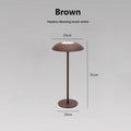 Brown minimalist rechargeable LED touch table lamp with metal mushroom shade and slim stem design