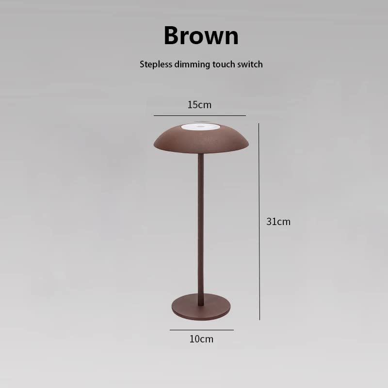 Brown minimalist rechargeable LED touch table lamp with metal mushroom shade and slim stem design