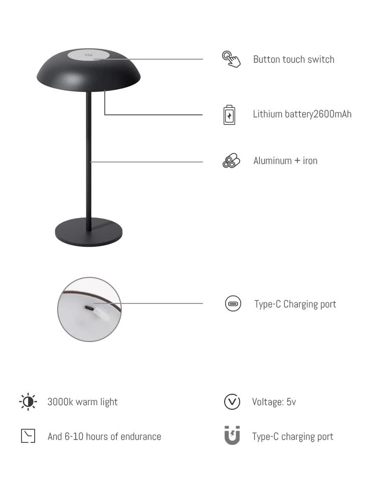 Brown minimalist rechargeable LED touch table lamp with metal mushroom shade and slim stem design — view 5
