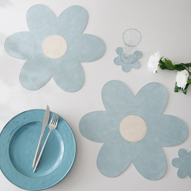 Set of six reversible flower shaped PU leather placemats for dining table protection and decor — view 3