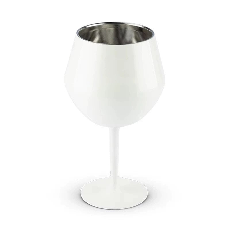 White portable stainless steel wine glass goblet showing detachable stem and base for outdoor travel